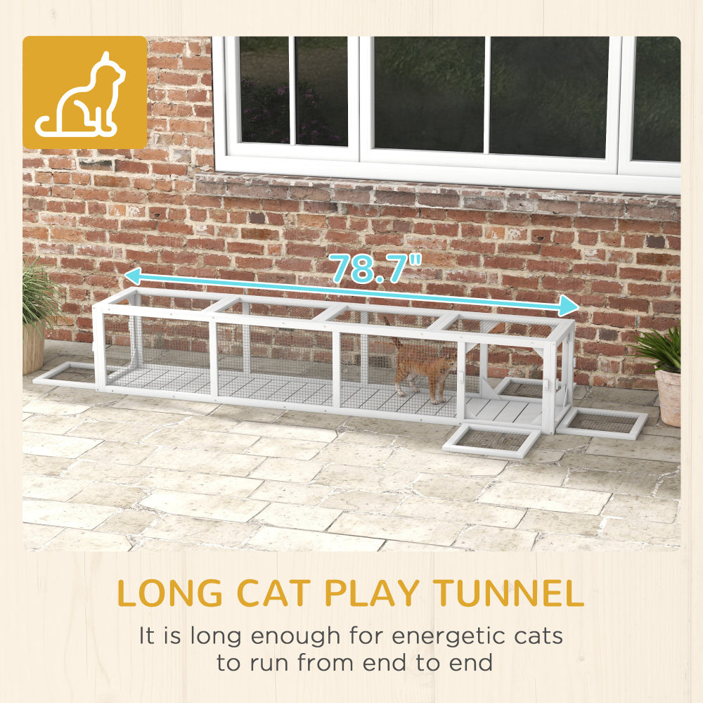 PawHut Outdoor Cat Tunnel with Extendable Design, 79" L Wooden Cat Run with Weather Protection, Connecting Inside and Outside, for Deck Patios, Balconies, White