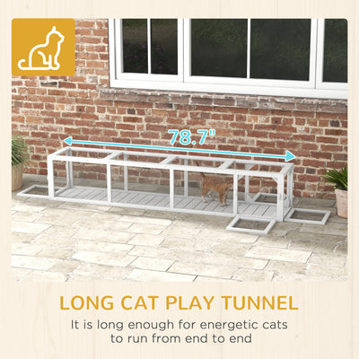PawHut Outdoor Cat Tunnel with Extendable Design, 79" L Wooden Cat Run with Weather Protection, Connecting Inside and Outside, for Deck Patios, Balconies, White