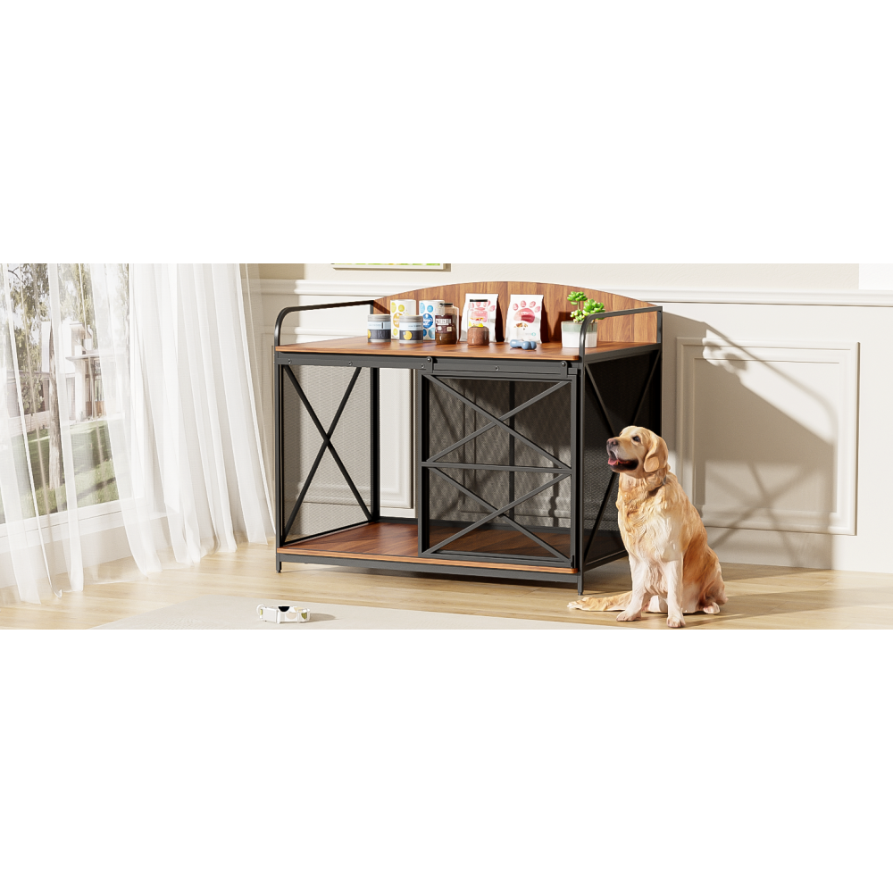 GO 42.8" Heavy Duty Large Dog Crate Furniture for Large Medium Dog, Farmhouse Wooden Dog Kennel Indoor End Table, Decorative Pet House for Large Dogs, Brown