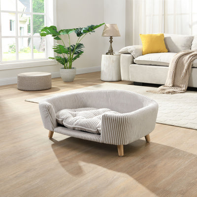 Elevated Dog Bed Frame for Small Dog, Corduroy Pet Couch Bed with Rubber Wood Legs and Supportive Foam, Beige, Easy Assembly