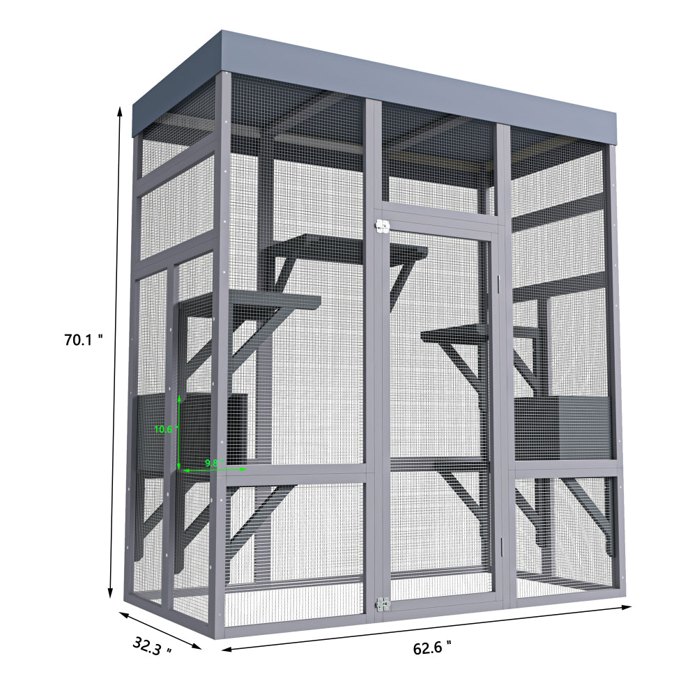 62.6" Wooden Outdoor Catio for Cats, Large Cat Enclosure with Waterproof Roof, 2 Napping House, Platforms & Rust-Proof Wire – Secure Pet Cage for Backyard or Patio