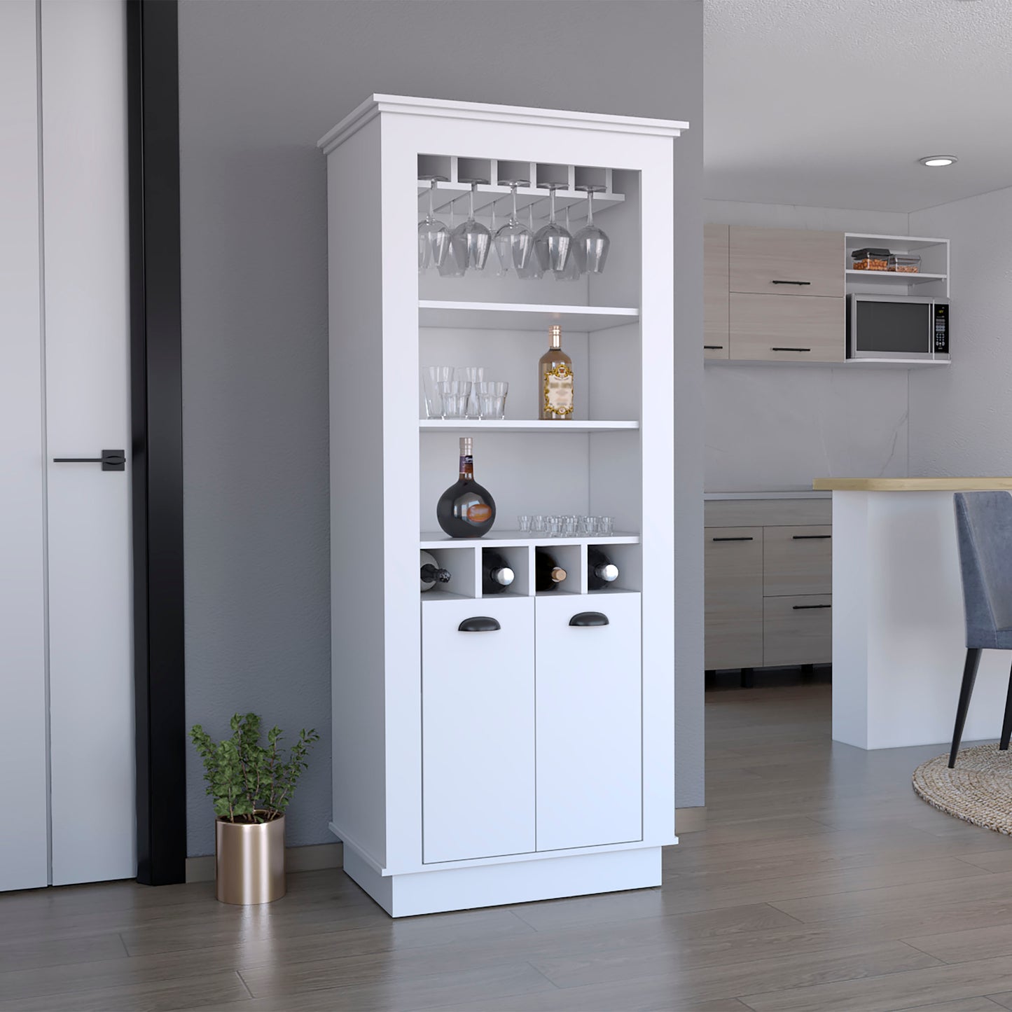 Lafayette Bar Cabinet with 4-Bottle Rack, Upper Glass Holder and Dual Door Design White