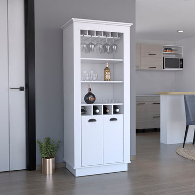 Lafayette Bar Cabinet with 4-Bottle Rack, Upper Glass Holder and Dual Door Design White