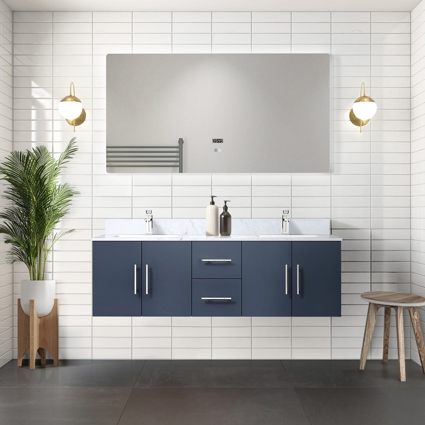 Navy Blue Double Bath Vanity 60 in. W x 22 in. D, and 60 in. LED Mirror