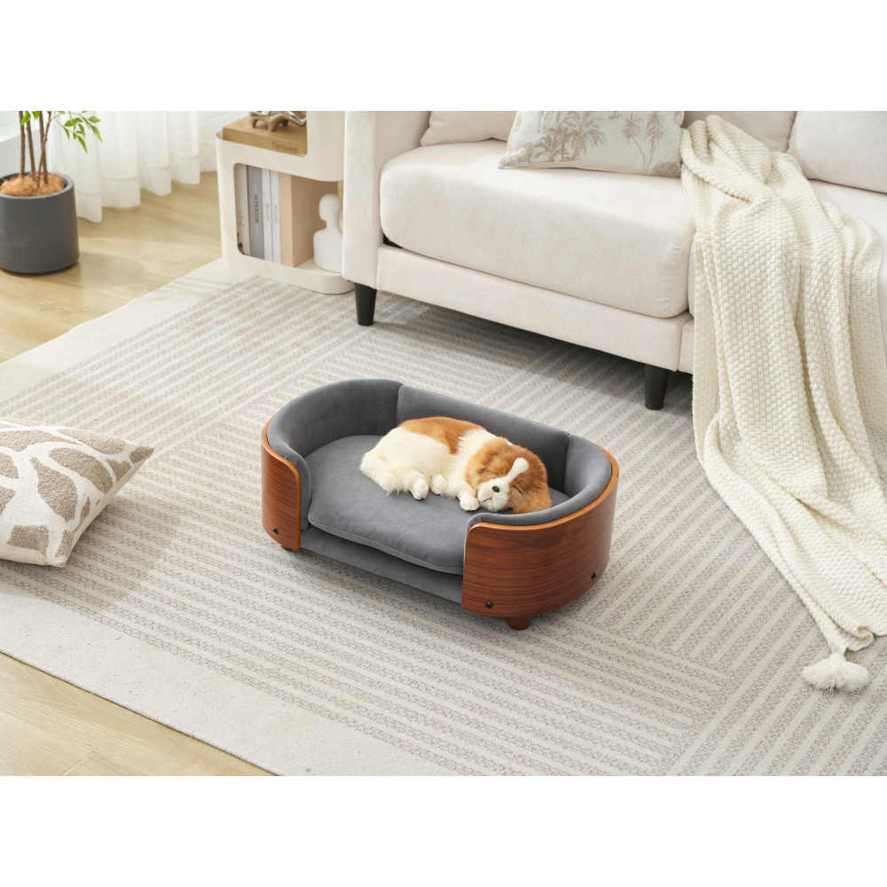 Scandinavian style Elevated Dog Bed Pet Sofa With Solid Wood legs and Walnut Bent Wood Back,Dark Grey Velvet,Small Size