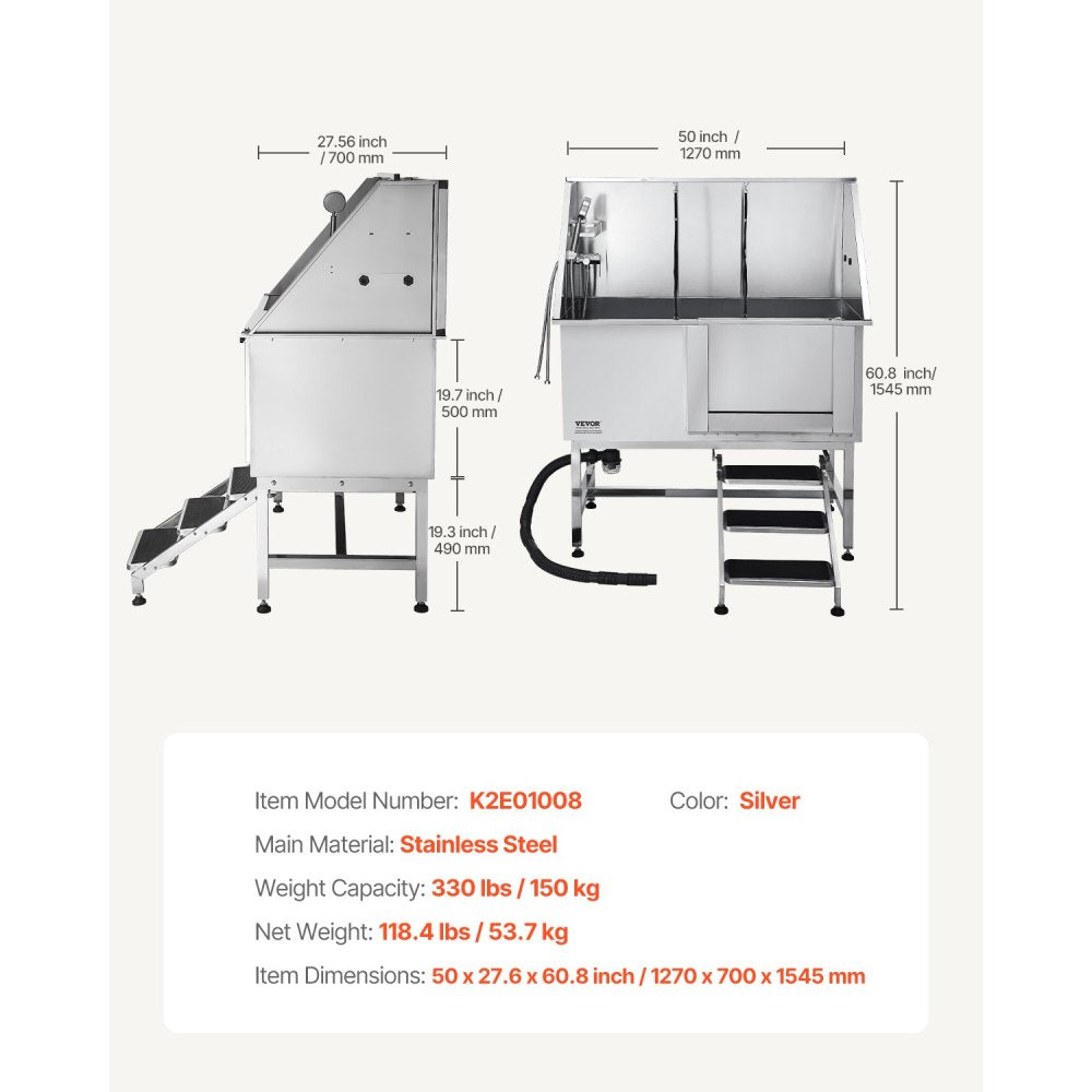 50 Inch Dog Grooming Bath Tub Stainless Steel w Stairs Water Filter
