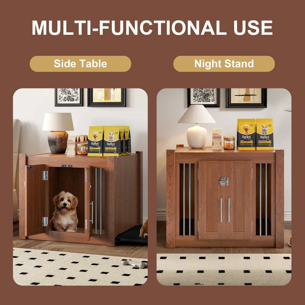 30.25"L, 2 in 1 Night Stand with Storage & Dog Crate, Luxury Wooden Side Table Dog Kennel, End of Bed Bench Ottoman with Removable Cushion for Bedroom, Living Room, Walnut