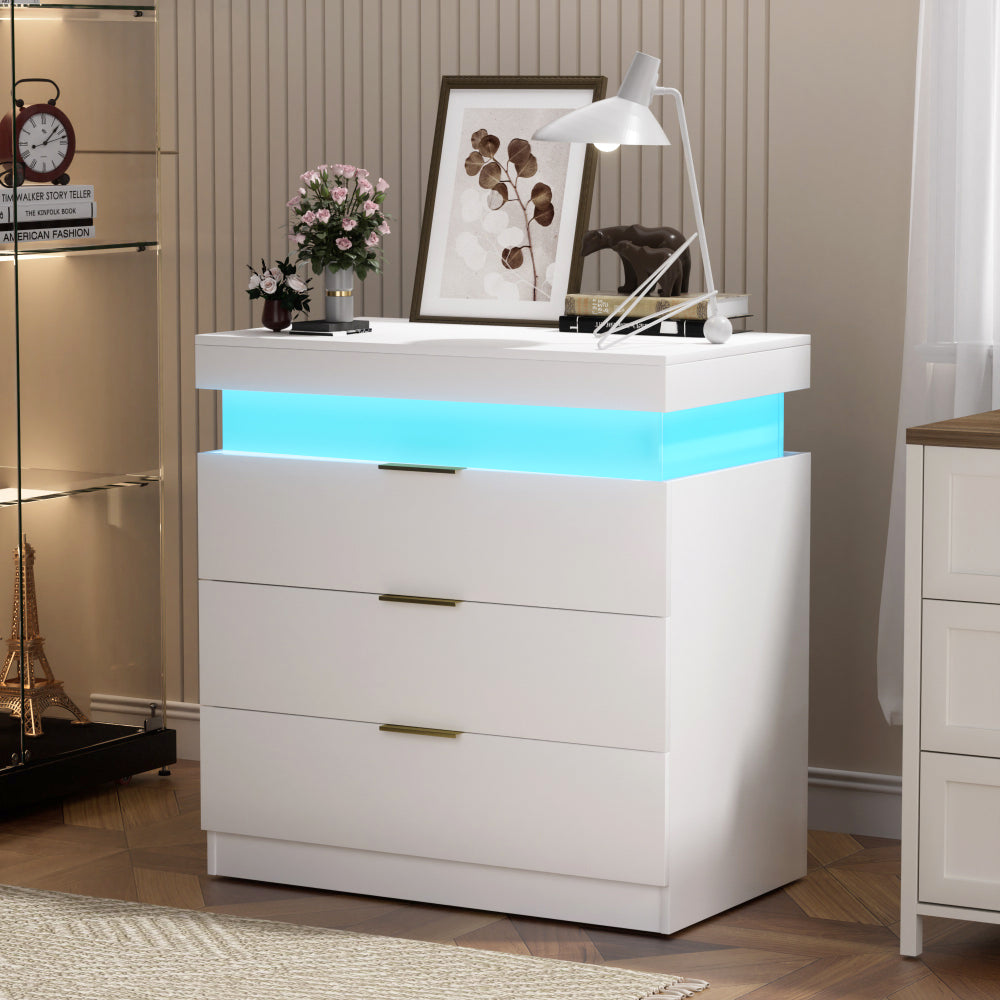 SunJet Nightstand with Charging Station and LED Lights,Night Stand with Sliding Top for Bedroom,Bedside Table with Drawers,Modern End Side Table,White.28.8''W x 17''D x 30.5''H.
