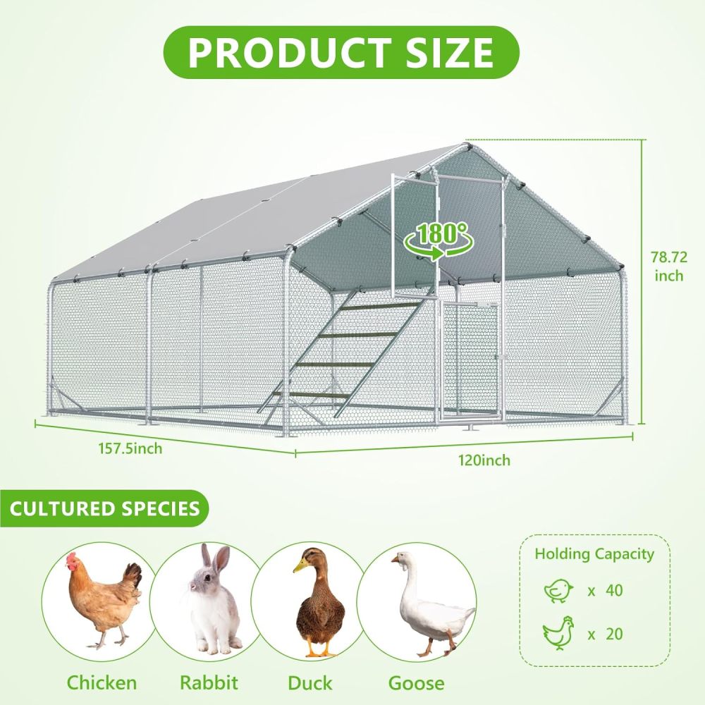 Large Metal Chicken Coop, 10x13x6.5FT Dome Chicken Runs for Yard with Cover, Walk in Chicken Coop with Roosting Perch