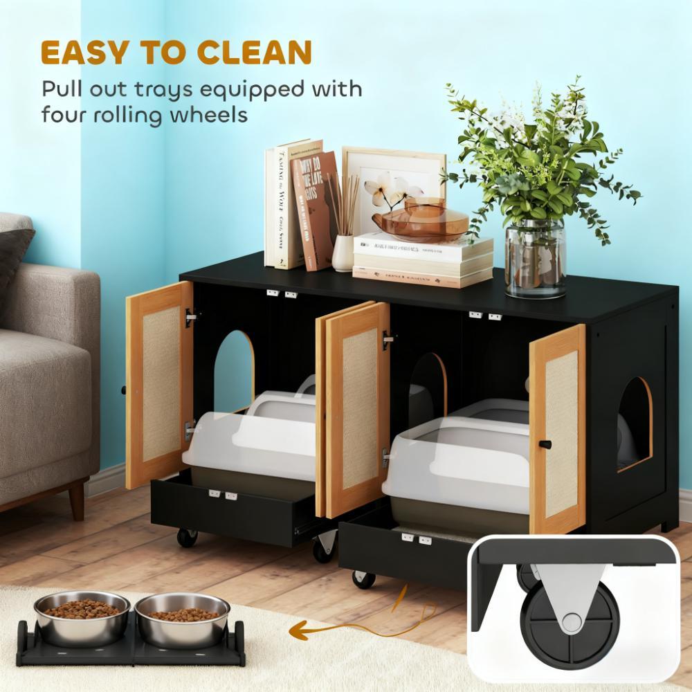 Cat Litter Box Enclosure w/ 2 Cabinets for 2 Cats or Kittens