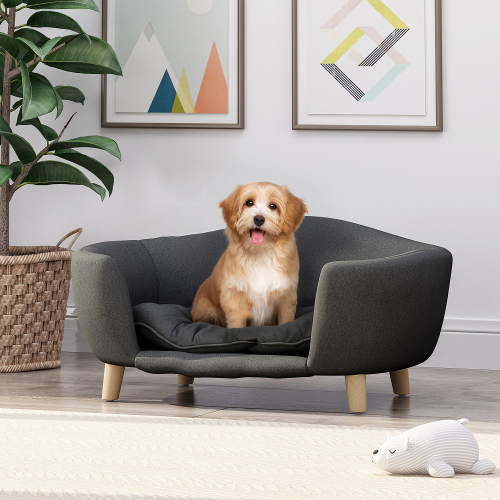 Elevated Dog Bed Frame for Small Dog, Corduroy Pet Couch Bed with Rubber Wood Legs and Supportive Foam, Beige, Easy Assembly