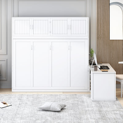 Queen Size Wall Murphy Bed with Desk and Storage Shelves and Big Cabinets, White