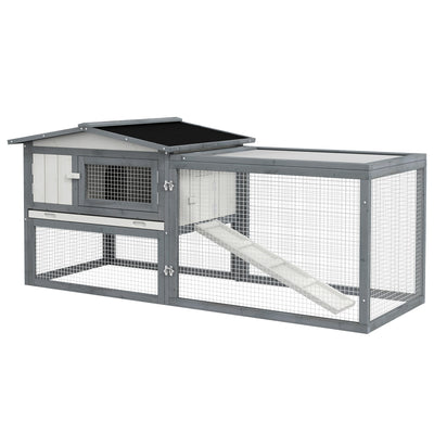 PawHut Large Rabbit Hutch Outdoor, 2-Tier 61" L Rabbit Cage with Run Feeding Trough Wooden Guinea Pig Hutch with Removable Tray, Ramp, Asphalt Roof, for 1-2 Rabbits, White