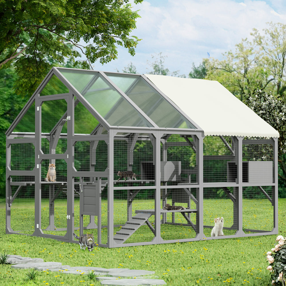 Catio Outdoor Cat Enclosure Window Access, 4 Tiers Cat House with Wheels, Resting Box & Waterproof Roof, Indoor Large Cat House Cage, Gray