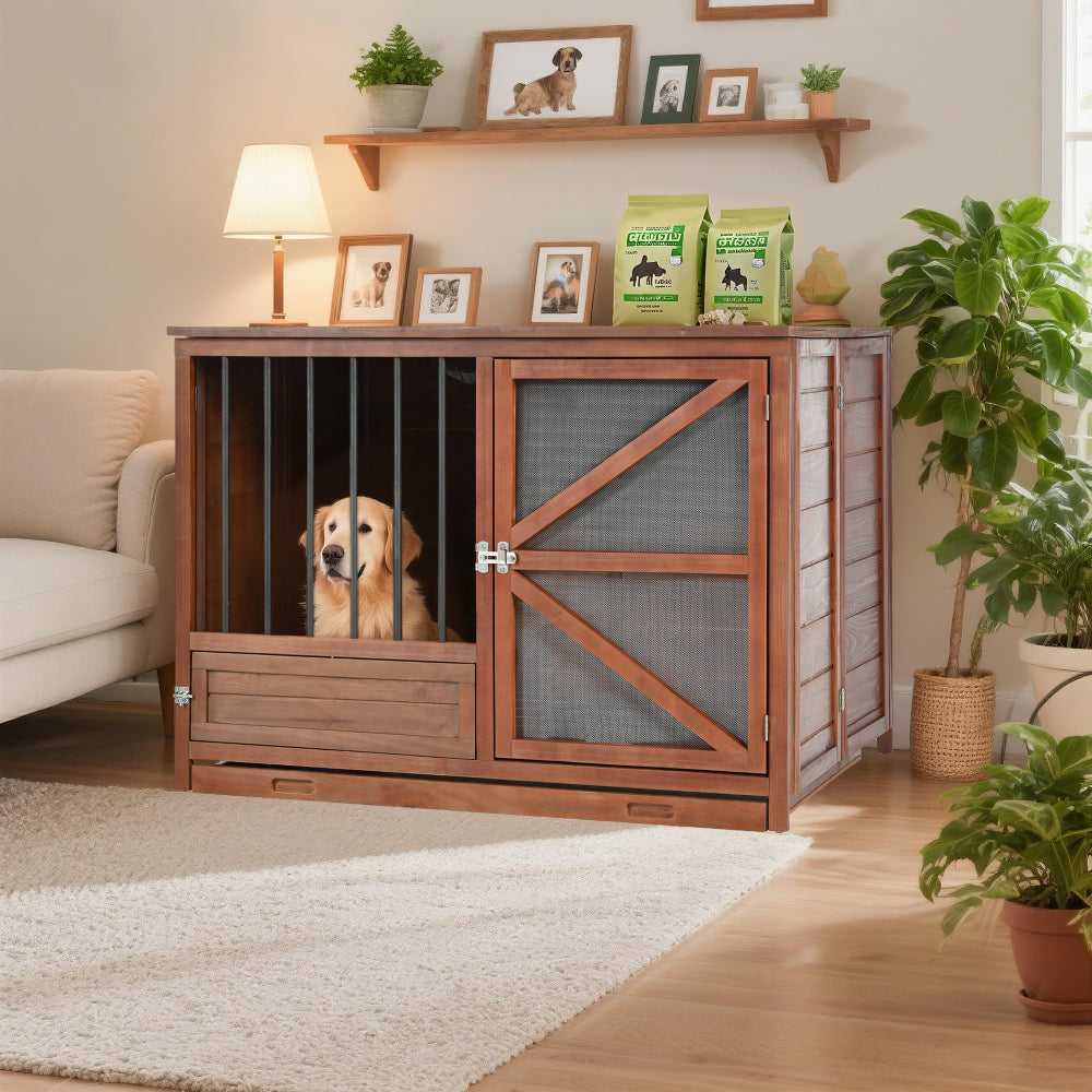 43" Solid Wood Dog Crate Furniture, Foldable Indoor Kennel with 360° Rotating Feeder Multi-Functional End Table for Small & Medium Dogs, Portable Pet Cage with Removable Tray & Easy Assembly