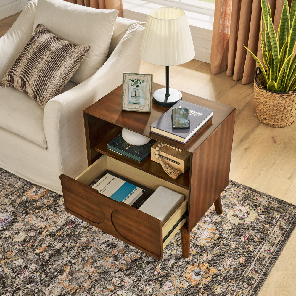 SunJet Mid Century Modern Fluted Nightstand with Charging Station USB Ports & Outlet Hole & 4 Solid Wood Legs, Farmhouse End Table with Open Space and Drawer Dresser, Walnut