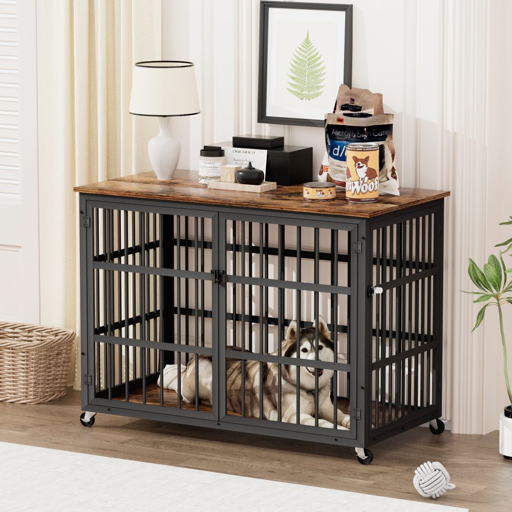 Furniture style dog crate wrought iron frame door with side openings, Grey, 43.3''W x 29.9''D x 33.5''H.