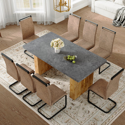 Table and chair set.Cozy Modern MDF Dining Set - 67'x35.4' with 8 brown technology fabric chairs with Featuring arched black legs.Suitable for home dining rooms,hotels,other commercial spaces.