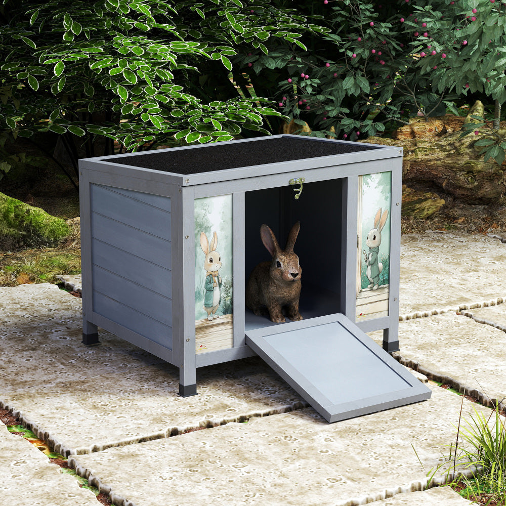 Small Outdoor Wooden Rabbit Hutch with Lockable Door & Weatherproof Roof, Openable Top, Bunny Cage Pet House for Rabbits, Guinea Pigs Cats Chicks , Gray with Colorful Patterns