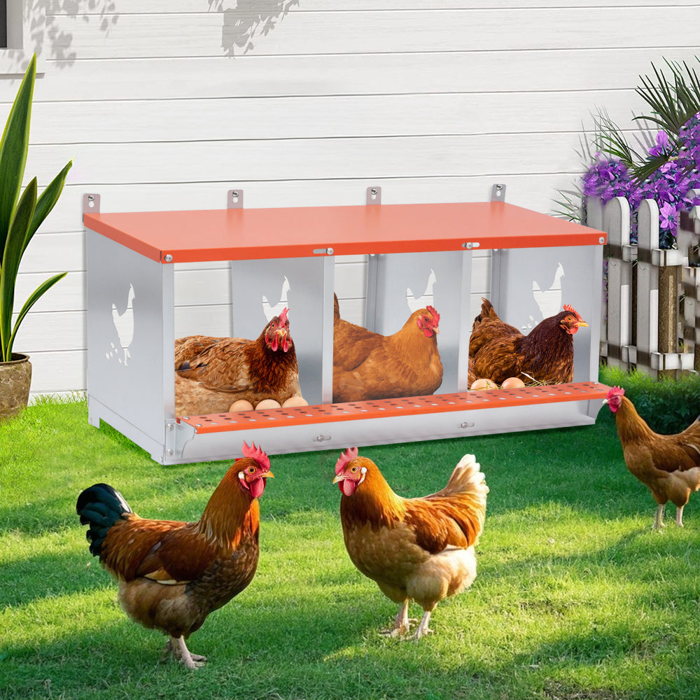 3-Bay Metal Nest Box-Wall Mount for Hens/Ducks, Easy Egg Collection & Assembly, Vented Galvanized Steel Coop Equipment Orange