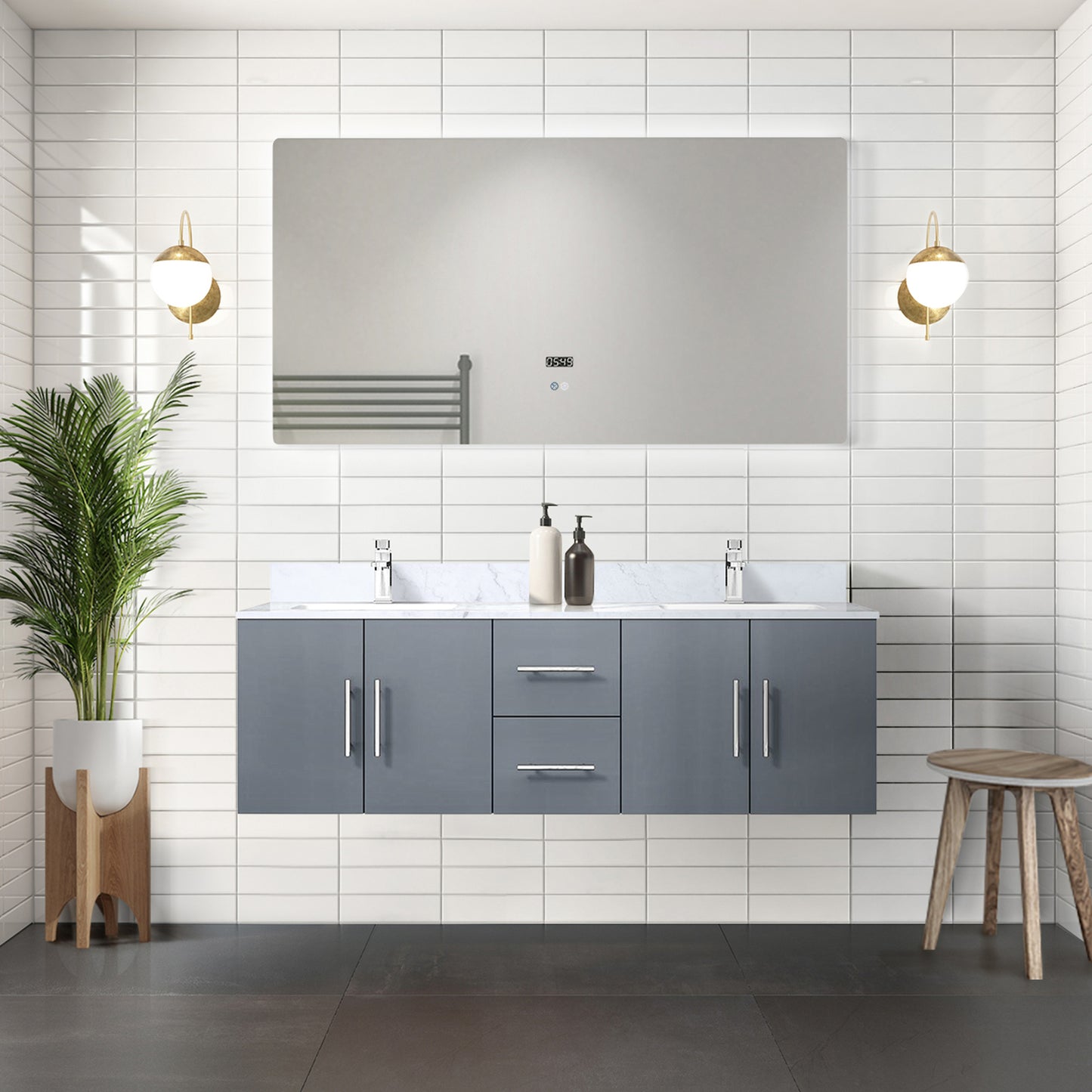 Dark Grey Double Bath Vanity 60 in. W x 22 in. D, and 60 in. LED Mirror