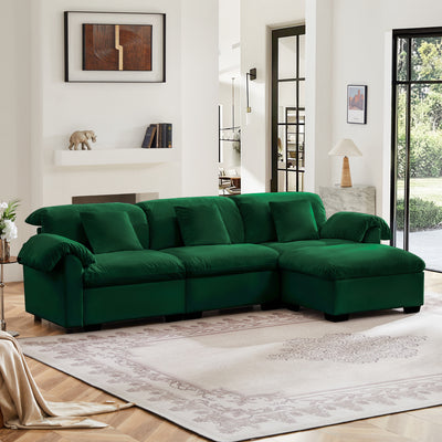 L Shaped Sectional Sofa With Storage Seats and Storage Ottoman, Modern Velvet 3 -Seat Sofa With Reversible Ottoman, Soft Cushion Fluffy Armrest Couch for Living Room ,Green