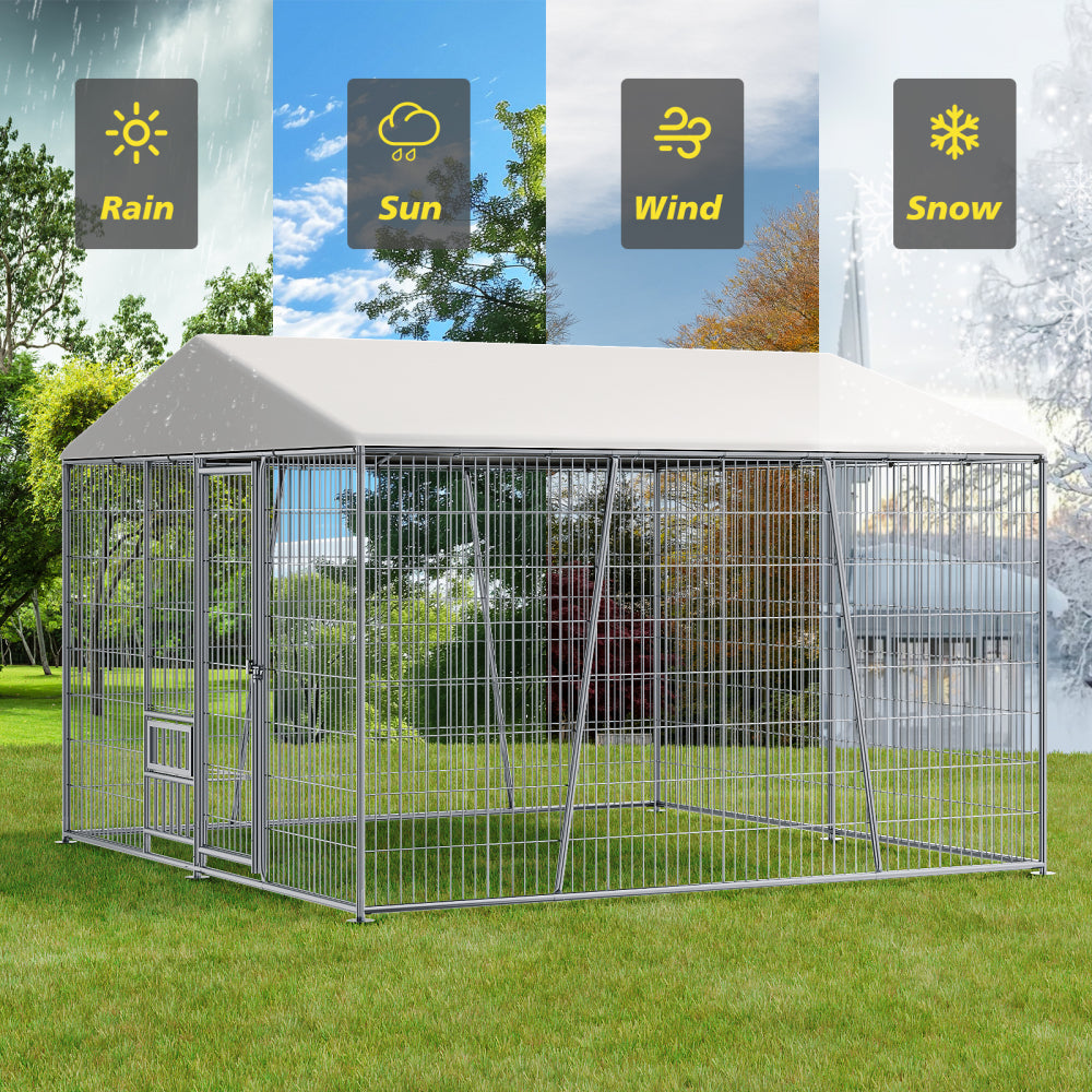 10 x 10-FT heavy-duty outdoor dog kennel with feeding bowl, full coverage waterproof roof, easy-to-assemble wire mesh fence with secure lock.