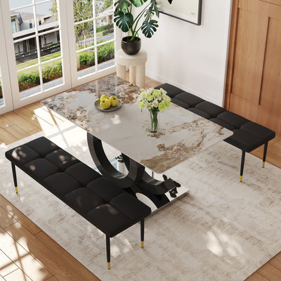 Table and chair set.63*31.5 Inch Pandora Pattern Sintered Stone Dining Table Set,MDF material OC shaped bracket,Paired With 2 Benches,A Choice of Subtle Luxury for Modern Homes.