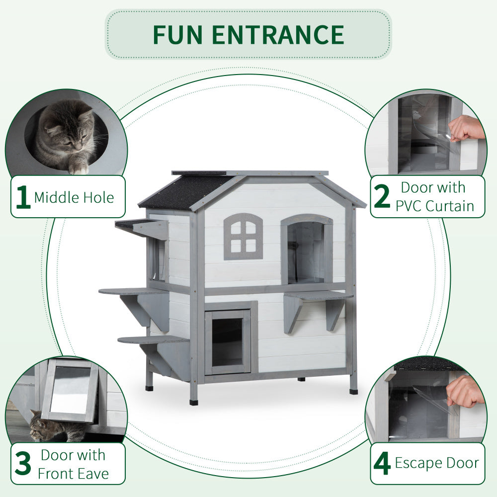 PawHut 2-story Cat House Outdoor, Weatherproof Wooden Cat Enclosure for Feral Cats with Escape Door, Openable Roof, Jumping Platforms, White