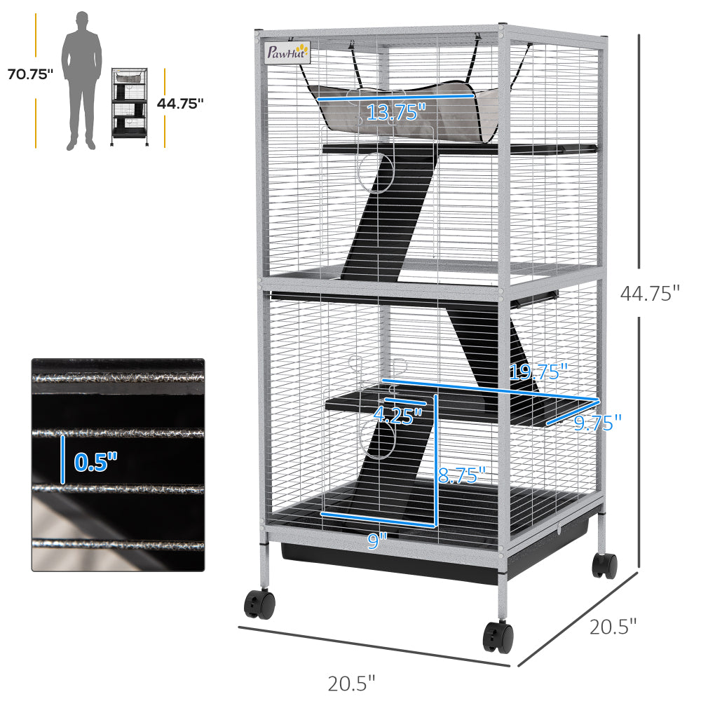 PawHut Metal Small Animal Cage Rolling Big Ferret Cage, Chinchilla Cage, Sugar Glider Cage, with Hammock & 4 Tiers, Removable Tray, White