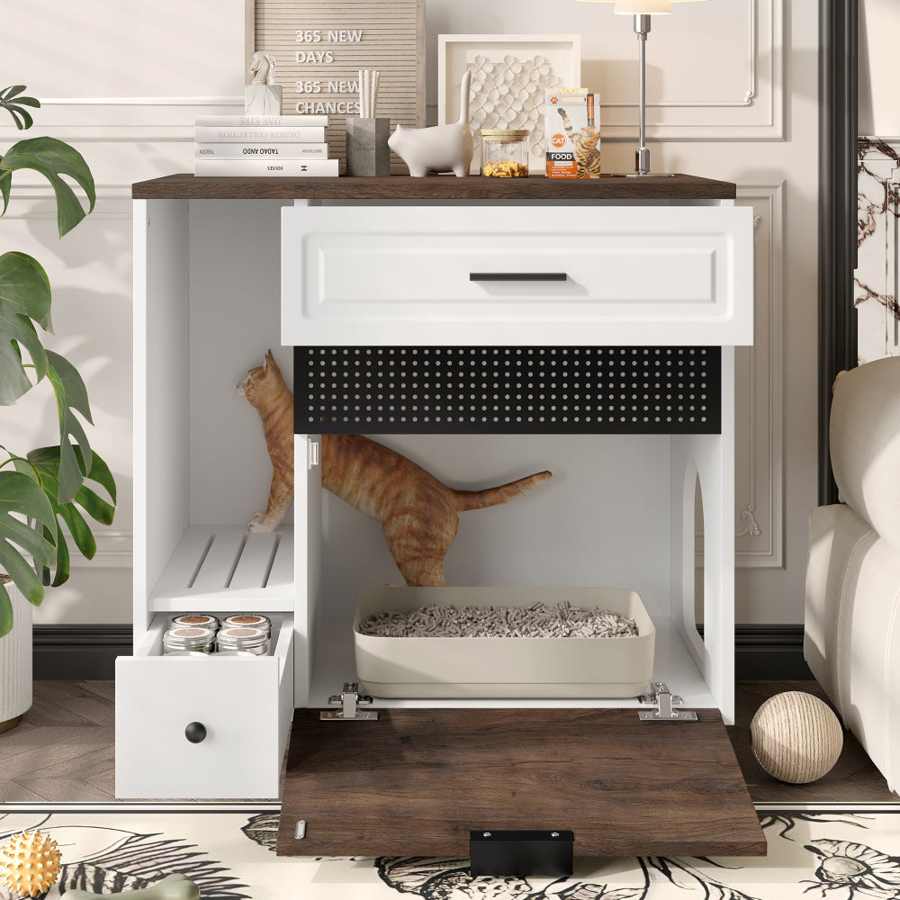 Cat Litter Box Enclosure, Indoor Hidden Cat Litter Box Furniture with 2 Drawers and Door, Cat House End Table for Living room, White and Brown