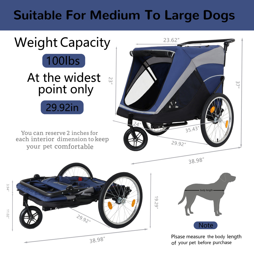 2-in-1 Bike Trailer & Push Cart for Pets - Detachable Bike Hitch & Push Handle Included - Quick Release Wheel, Internal Leash, Dual Cup Pockets and Underneath Storage Bag,  Holds Pets Up to 100 lbs