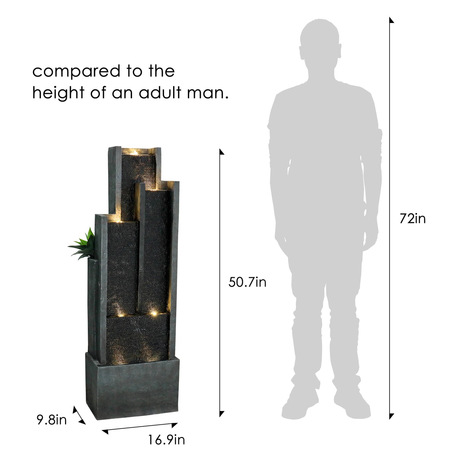 4-Tier Modern Cascading Indoor/Outdoor Fountains and Waterfalls with LED Lights - 50.7" High Larger Water Fountain for Garden, Patio, Yard, and Deck Decor - Relaxing Water Fountain Outdoor