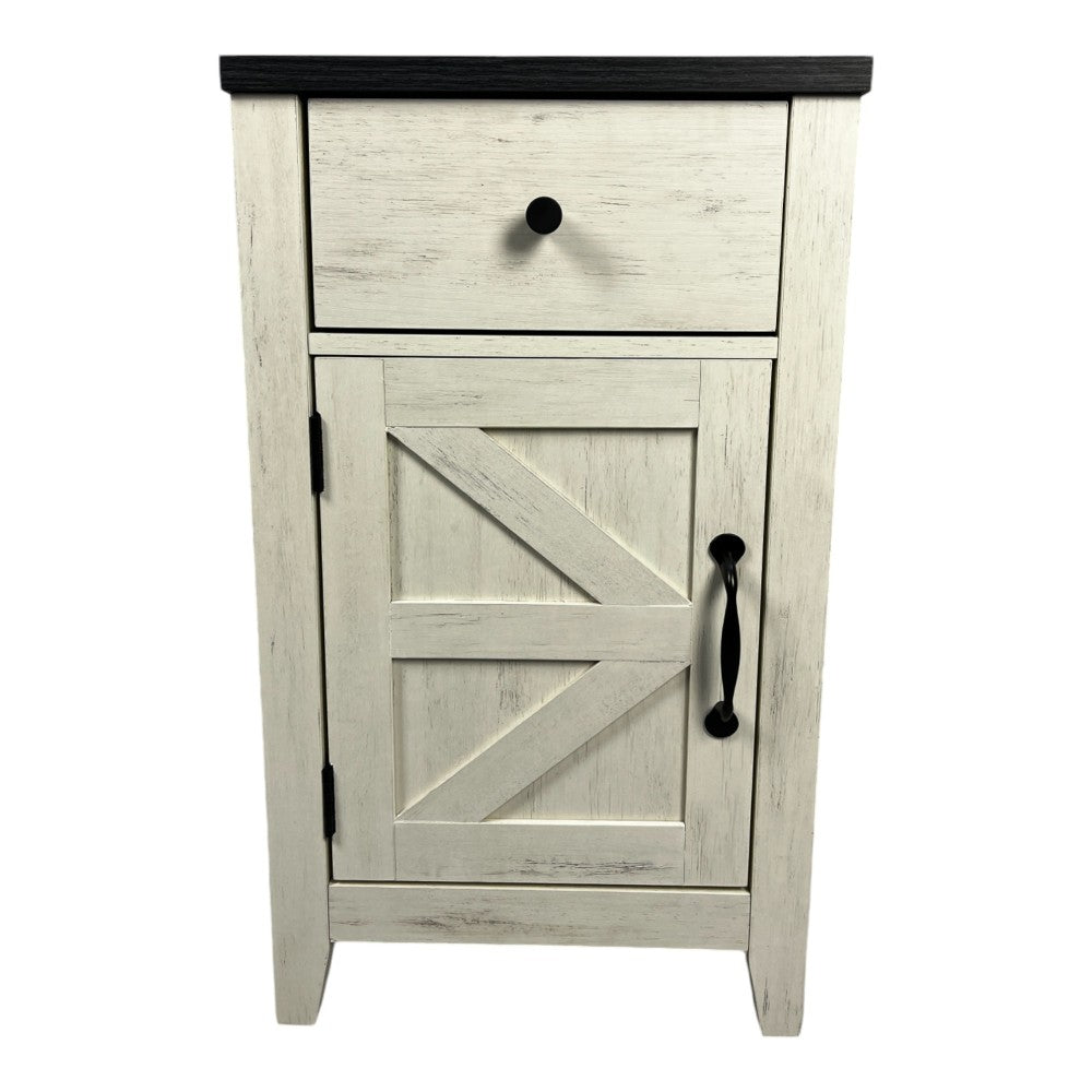 SunJet Farmhouse End Table Bedside Table with Charging Station,Night Stand with Barn Door and Drawer, Storage for Bedroom Living Room ,Bedside Table,  White+Black color