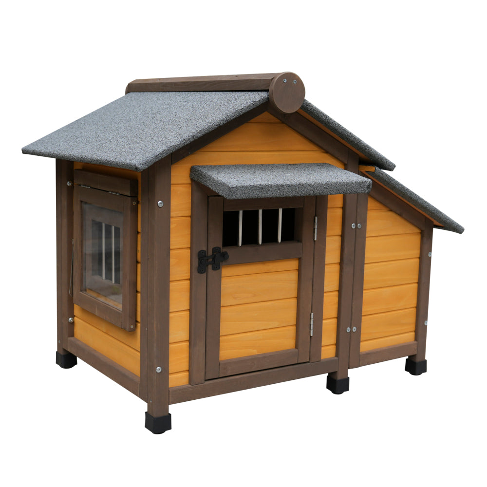 45 Inch Solid Wood Dog House, Cozy Outdoor Shelter for Medium & Small Dogs with Lockable Ventilated Door, Waterproof Insulated Felt Roof & Charming Design