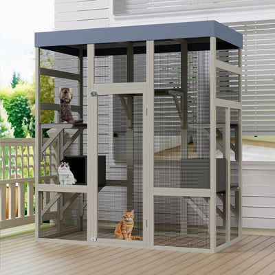 Gray Wooden Catio Outdoor Pet Enclosure with Waterproof Top, Spacious and Secure Cat House & Small Animal Cage,2 Napping Boxes