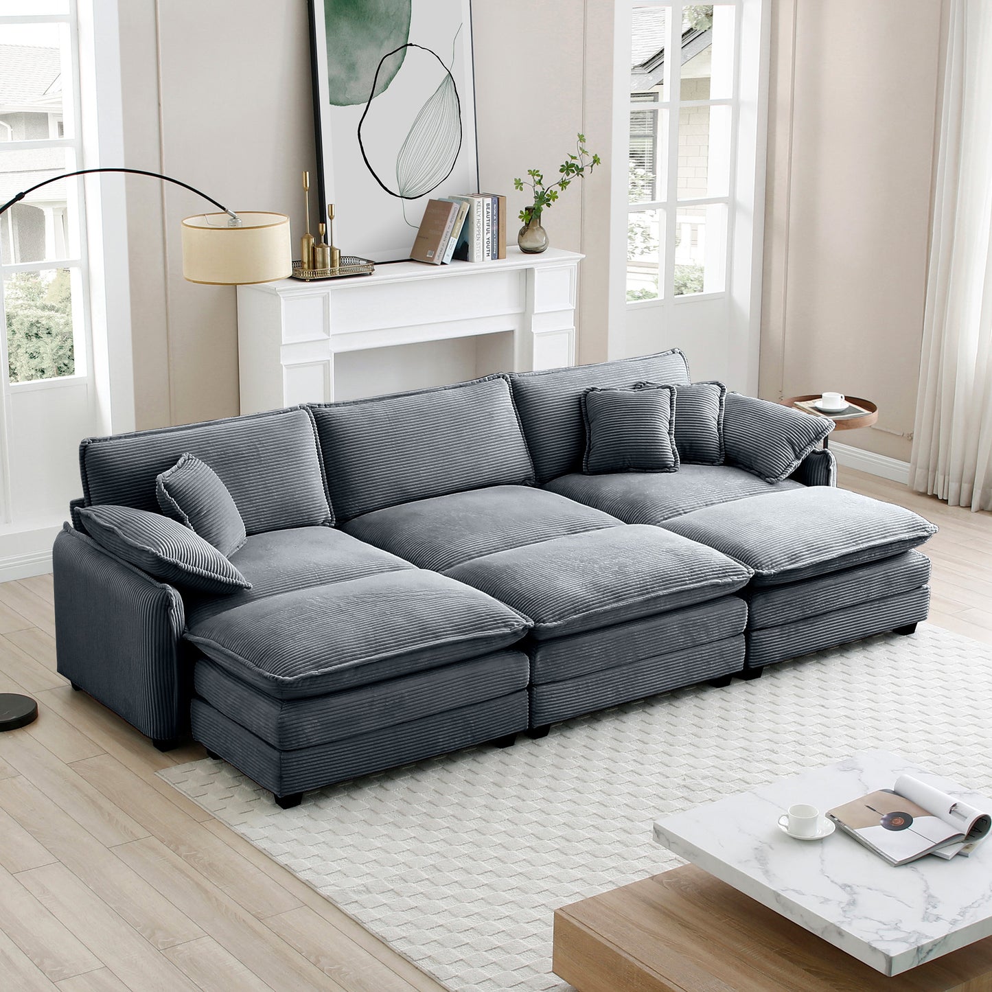 Oversized modular cushioned sofa,with 3 ottomans to work as sleeper sofa beds, 3-seater sofa with 3 footstools,Grey corduroy fabric