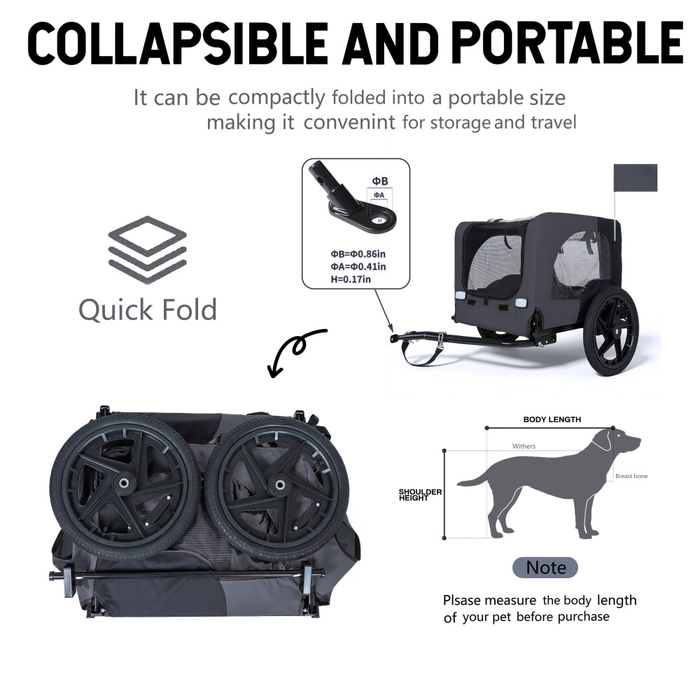 Outdoor Heavy Duty Collapsible Pet Bike Trailer with 16-Inch All-Terrain Wheels & Universal Hitch – Foldable Dog/Cargo Carrier Cart for Bicycles, black+dark gray