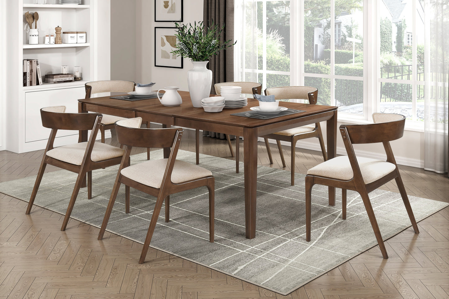 Walnut Finish 7pc Extendable Dining Set Table and 6x Side Chairs Upholstered Back and Seat Cushion Modern Kitchen Furniture Set