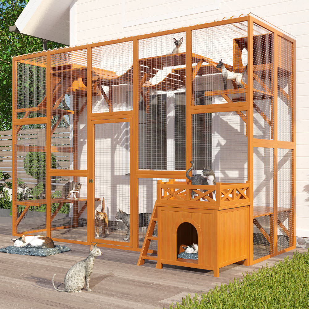 Weatherproof  Catio Outdoor Cat Enclosure, Outdoor Cat house, Natural Wood Playground, Natural Cat Shelf with Litter Box