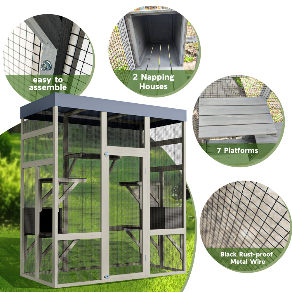 62.6" Gray Wooden Catio Outdoor Pet Enclosure with Waterproof Top, Spacious and Secure Cat House & Small Animal Cage, Black Rust-proof Metal Wire