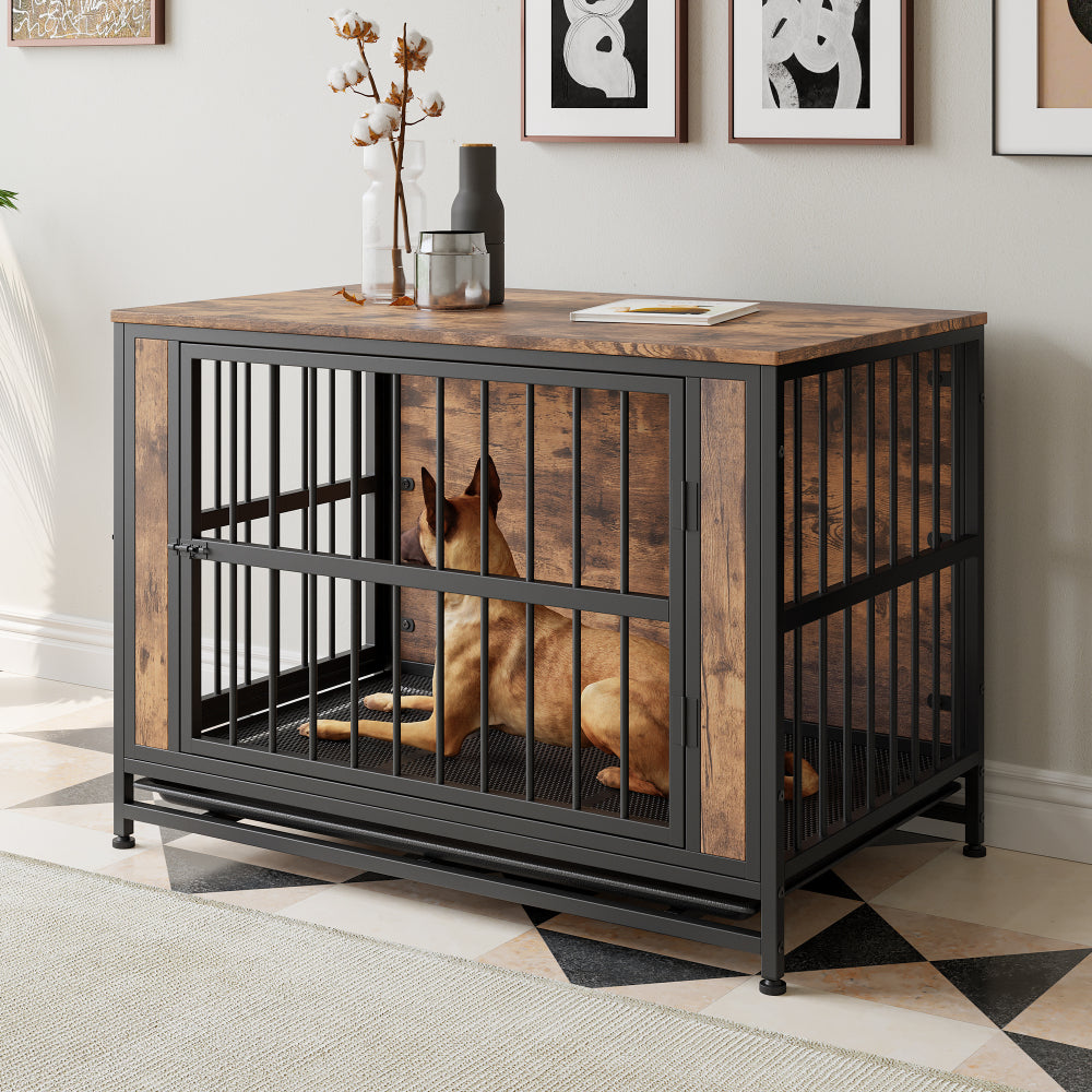 Dog Crate Furniture,  Wooden Dog Crate Table, 32.8" Dog Kennel with 2 Sliding Doors and Thick Iron Door Frame, Decorative Pet Crate House for Medium/Small Dog Indoor Use(Rustic Brown)