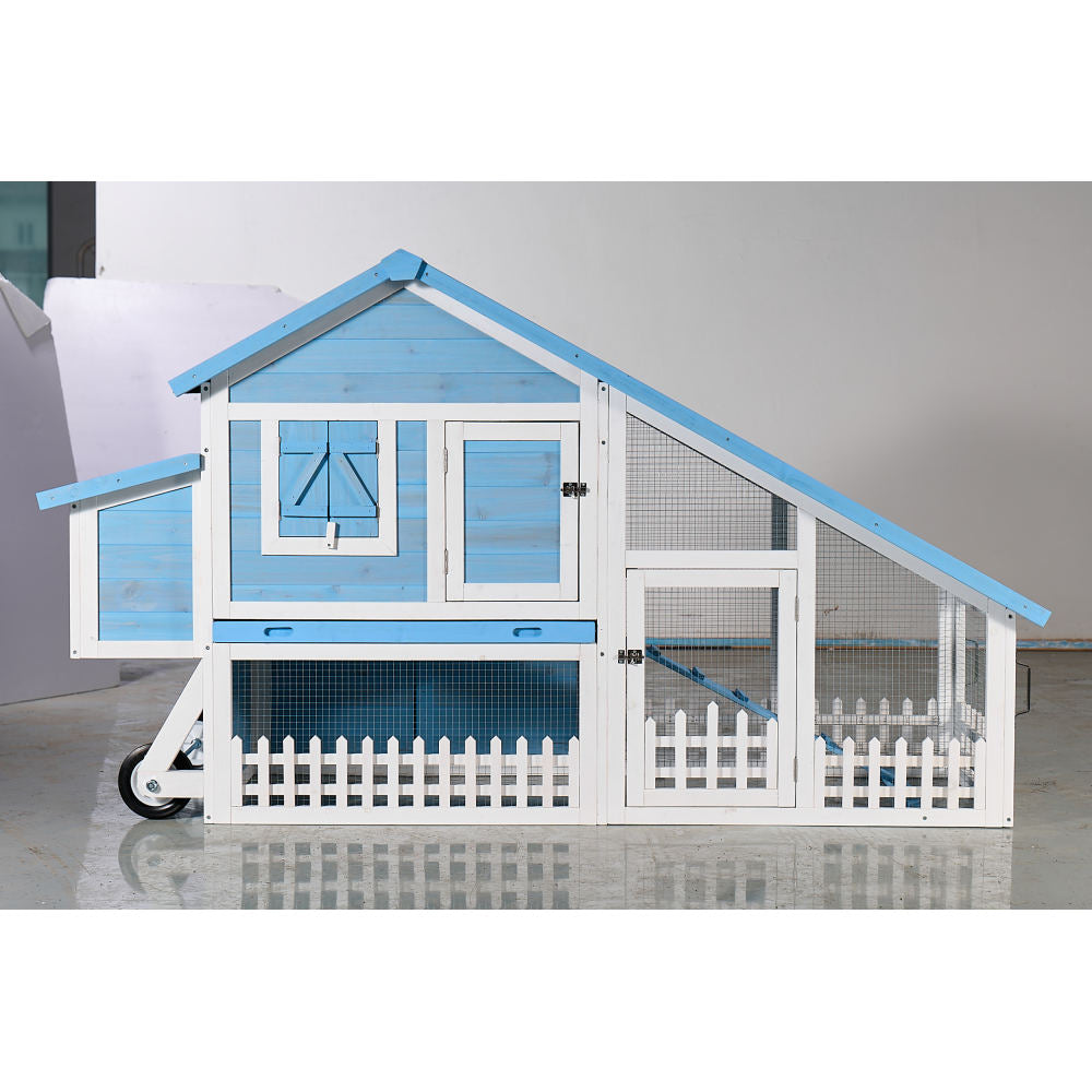 76" Wooden Rabbit Hutch Bunny Cage with Waterproof Asphalt Roof, Fun Outdoor Run, Removable Tray and Ramp, Light Blue
