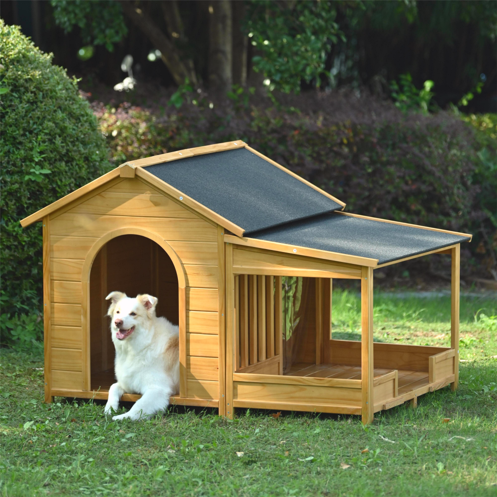 60.2" Large Outdoor Dog House with Insulated Liner for Winter Waterproof Dog Kennel for Medium & Large Dogs, Dog House with Porch and Asphalt Roof and Elevated Floor, Nature