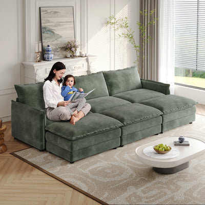 Corduroy fabric 3-seater comfortable cloud sofa with 3 movable footrests for living room, oversized deep-seat recliner, upholstered large-size deep-seat sofa with 3 cushions