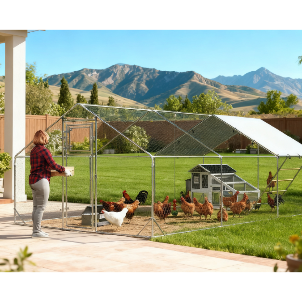Metal Chicken Run w/ Waterproof & Anti-UV Cover, Feeding Door, Hanging Feeder
