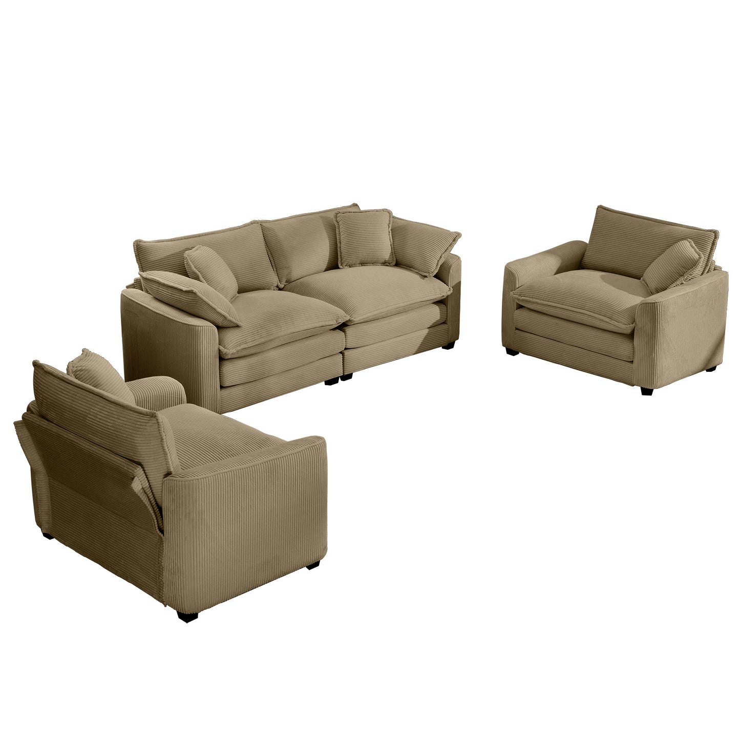 Warm and Cozy Home Theater Style Sofa Set with Soft Cushions in Tan Corduroy Fabric