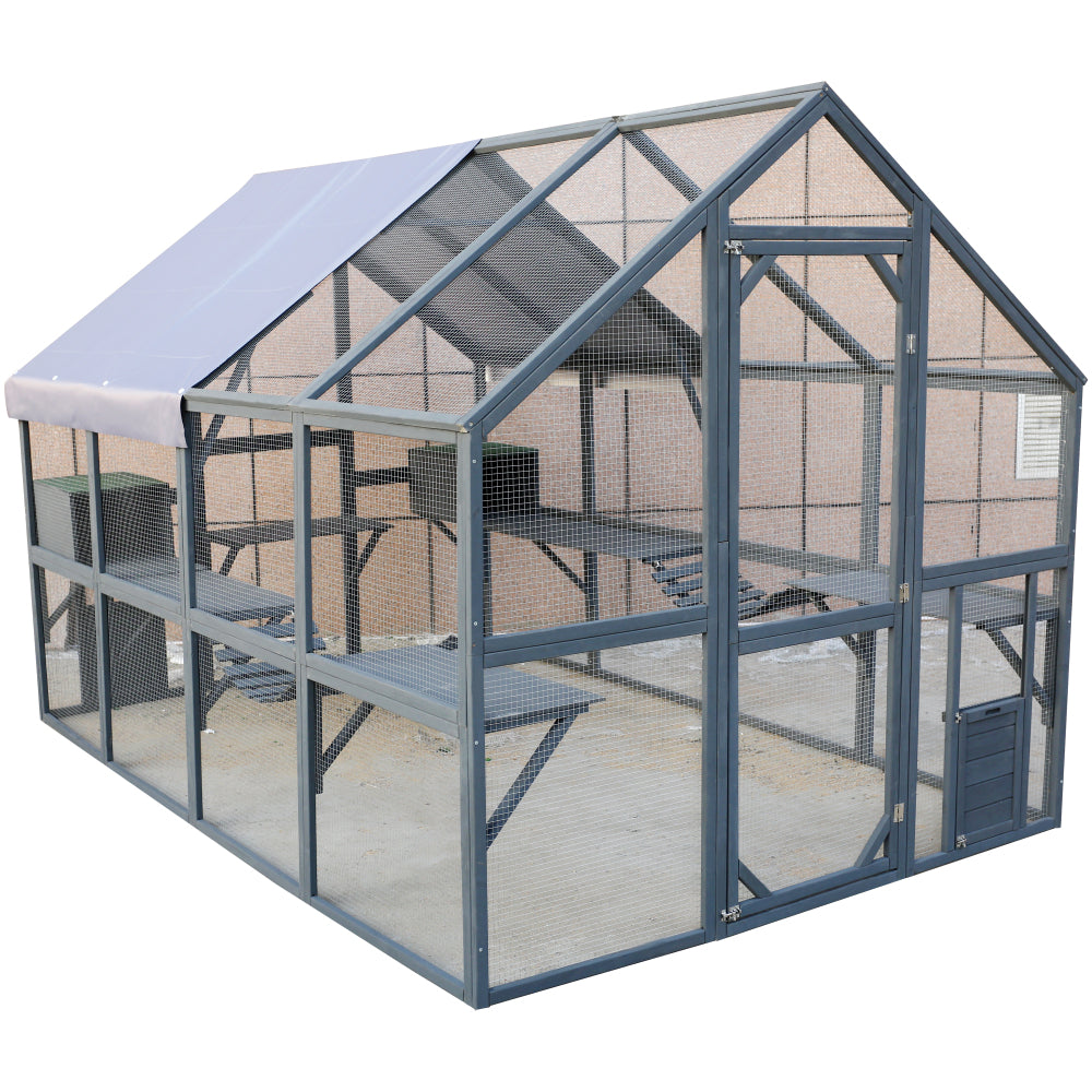 Cat Run Large Cat Enclosure Wooden Cat Catio Outdoor Kitty House with Bridges, Walks, Small Houses, Roof Cover 110 Inch