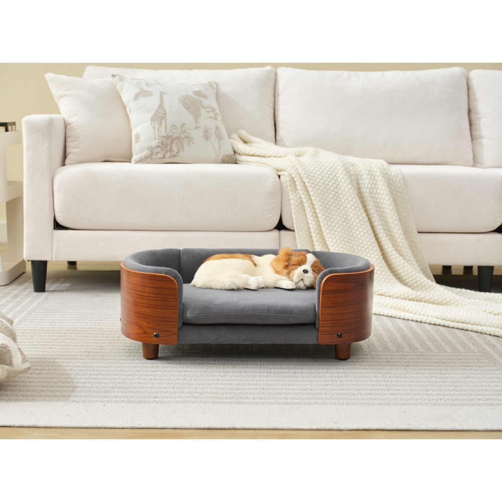 Scandinavian style Elevated Dog Bed Pet Sofa With Solid Wood legs and Walnut Bent Wood Back,Dark Grey Velvet,Small Size