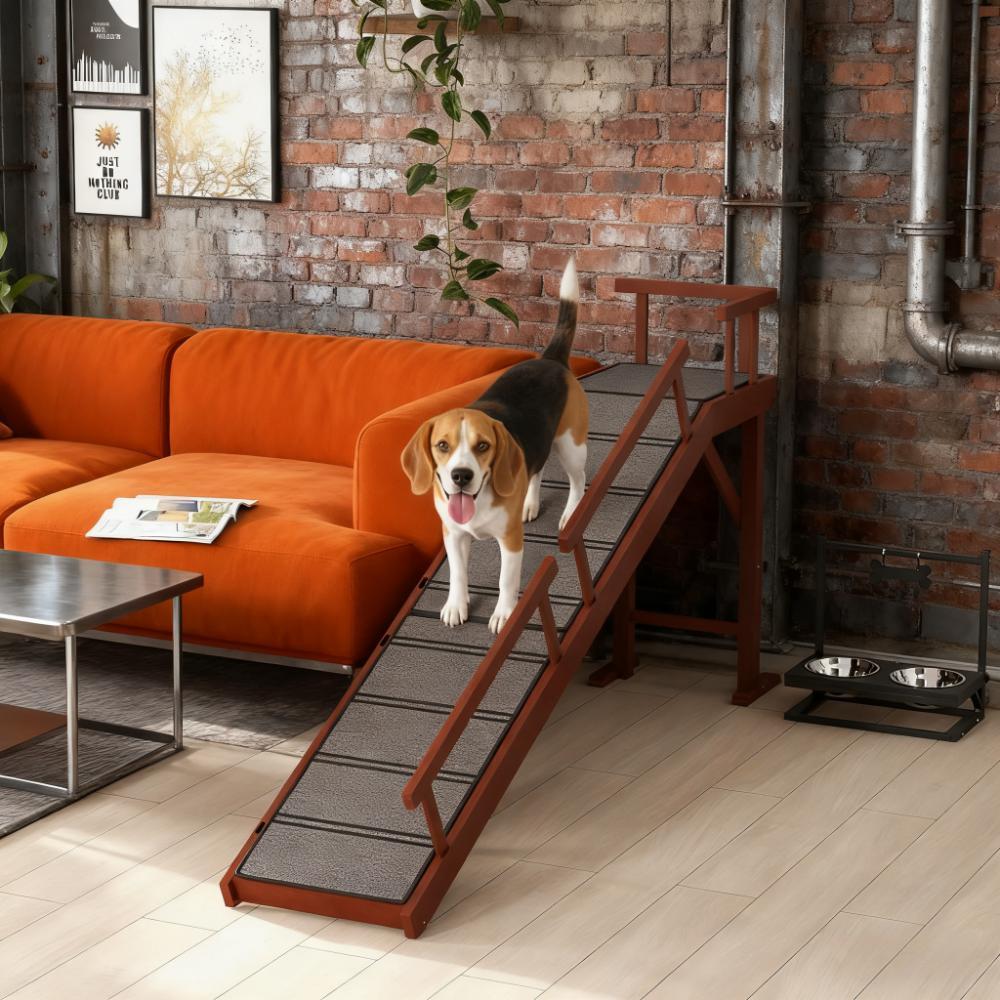 Wooden Dog Ramp with Removable Guardrails, Non-Slip Surface, Brown